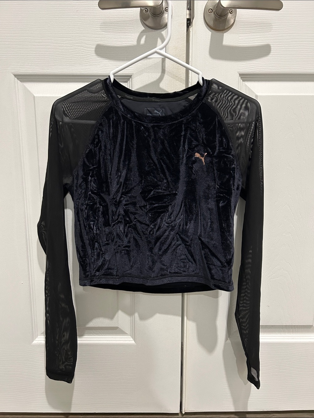 Puma Black Velvet Crop Top with Sheer Mesh Long Sleeves *Read for Size Info